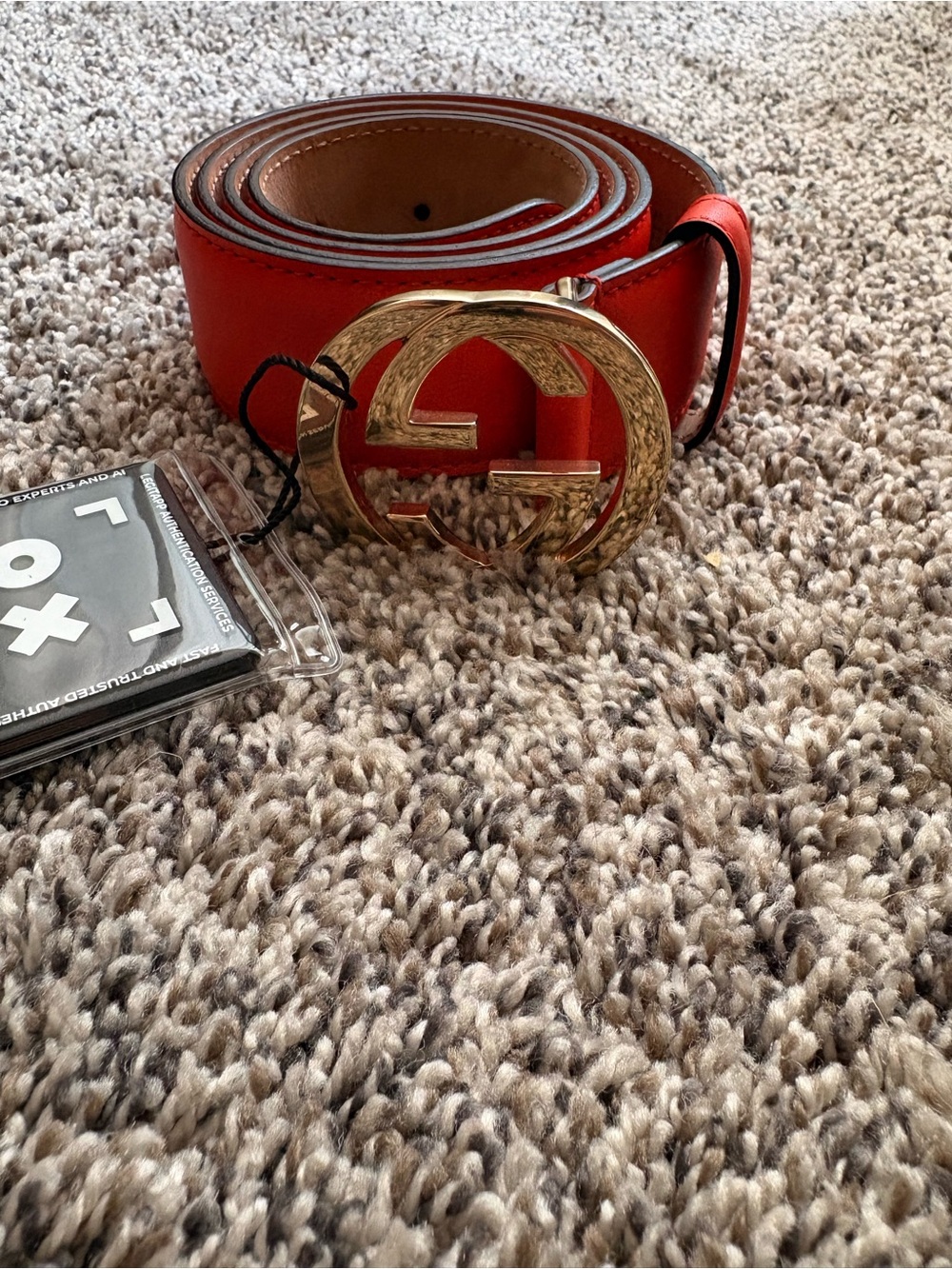 Gucci Red/Orange Leather Belt with Gold Double-G Buckler